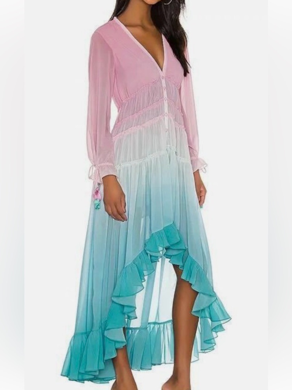 Rococo Sand Pink to Teal Ombre Ruffle High-Low Skirt